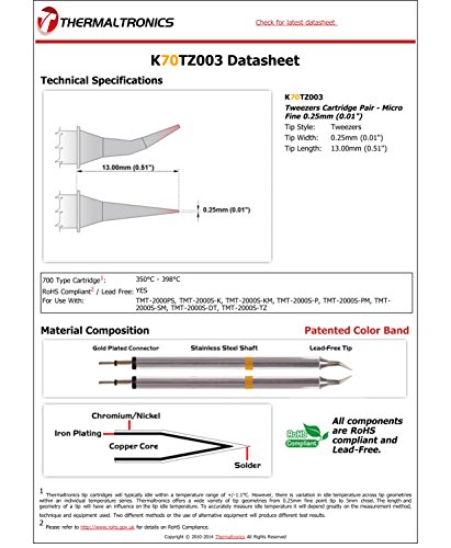 Image of Thermaltronics K70TZ003 Tweezers Cartridge Pair - Micro Fine 0.25mm (0.01in)