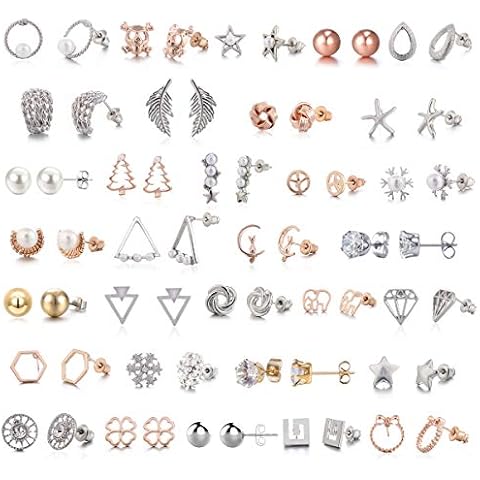 32 Pair Stainless Steel White Rose Gold Plated Cute Animal Cat Elephant Star Geometric CZ Faux Pearl Snowflakes Twise Geometric Peace Sign Symbol Small Statement Stud Earring Set for Girls Women Cover