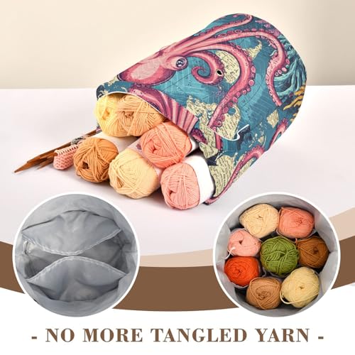 Image of Tatenale Crochet Bag Yarn Bag Knitting Project Bag with Pockets and Handle Portable Yarn Storage Organizer Tangle Free 8.3x11 InchWorld Map Octopus Corals and Seaweeds28