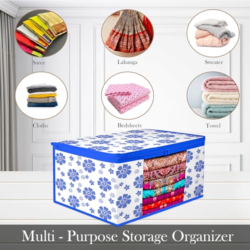Image of Kuber Industries Saree Cover | Saree Bag | Wardrobe Organizer for Storage Dress and Salwar | Flower-Design | 9 inch | Pack of 3 | Blue