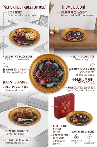 Image of R Ayurveda Copper Mandala Metal Tray - 6 Inch Decorative Round Platter for Wedding & Birthday Gifts - Artistic Handcrafted Design Gold Finish Gold Foiling for Home Decor with Printed Gift Box
