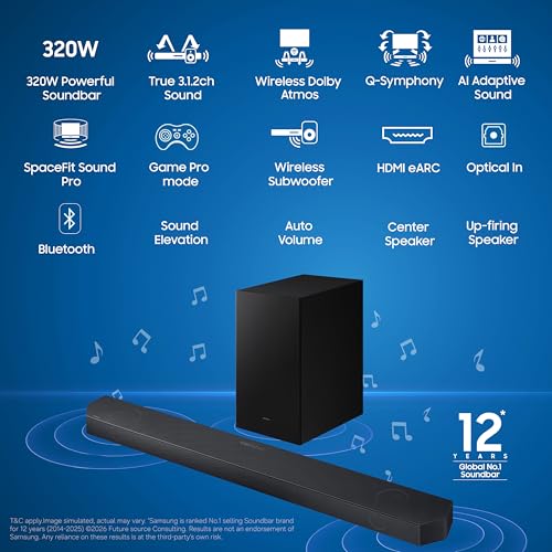 Image of Samsung 320 W True 3.1.2ch Soundbar with Dolby Audio | Q-Symphony | Center, Up-Firing Speakers | HDMI eARC | Optical in | Bluetooth 5.3 | Wireless Subwoofer (HW-Q600H /XL, Titan Black)