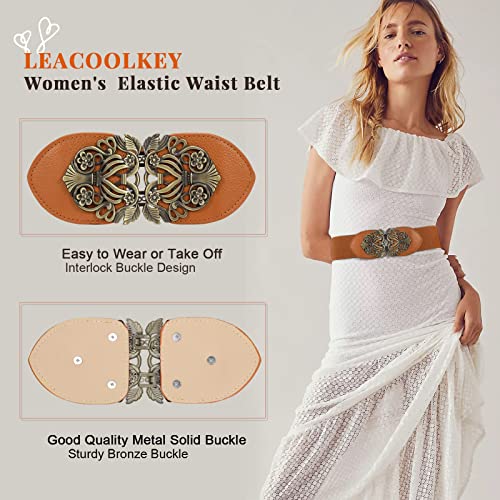 LEACOOLKEY 4 Pack Women Vintage Wide Waist Belts for Dress, Elastic Cinch Belt with Retro Interlocking Buckle3