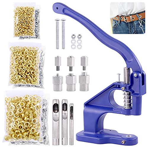 Cimeton Blue Hand Press Grommet Eyelet Machine Punch Tool with 1500Pcs Golden and 1500Pcs Silver Grommets Eyelet Combo Kit