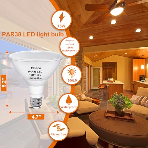 Image of Vinaco Waterproof PAR38 LED Flood Light Bulb Dimmable 15W 120V 3000K