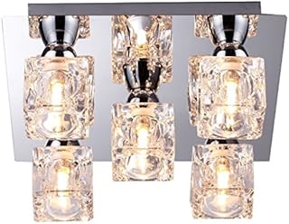 Modern Polished Chrome 5 Light Square Ice Cube Design Flush Ceiling Light Fitting for Ceilings with Chrome Backplate and Glass Lamp Shades
