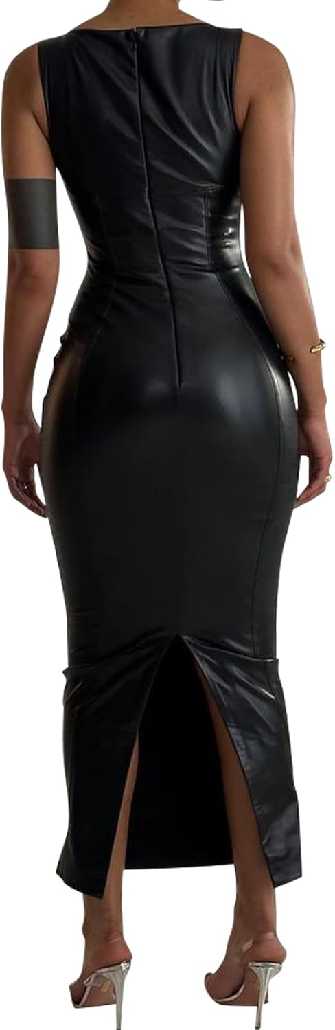 hibshaby Sexy Women Faux Leather Bodycon Maxi Dress Boat-Neck Tank Elegant Long Dresses - Image 4