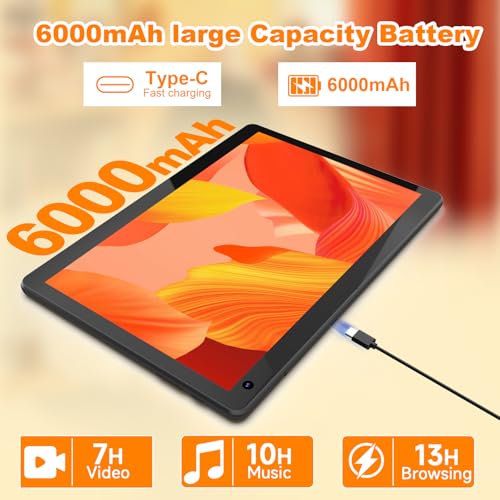 Image of Android 15 Tablet 10 inch, 2 in 1 Tablet with Keyboard. 6GB RAM+32GB ROM Support 1TB Expandable Tablets PC, Quad-Core CPU, HD Screen, BT, WiFi, Long Battery Life Tablets with Case Mouse Stylus, Black