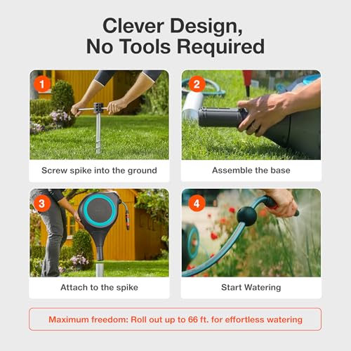 GARDENA 18614 | 66\' x 1/2\" Automatic Retractable Garden Hose Reel on Metal Spike, Outside Garden Hose with 360° swivel. No Holes in your house, Easy Installation, No Tools Required