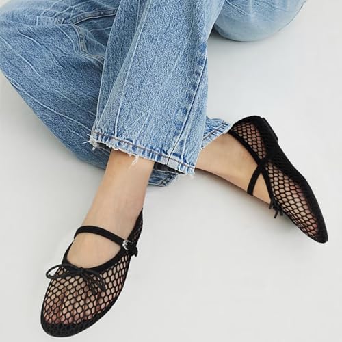 Image of MICIFA Women's Mesh Ballet Flats Fishnet Ballerina Flats Buckle Strap Mary Jane Causal Daily Dress Shoes