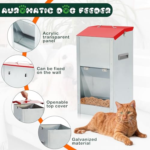 2 Pcs 15 Lbs Large Automatic Dog Feeders with Handle Acrylic Panel Galvanized Gravity Feeder Outdoor Hanging for Doggie Breed Dog Food Dispenser Container(Red) - Image 4