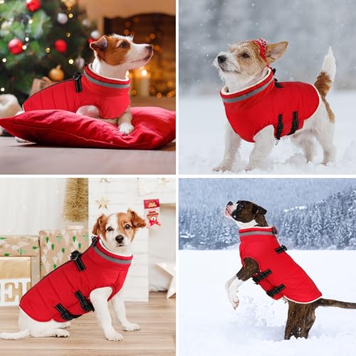 Image of Dogcheer Dog Winter Coat with Harness, Waterproof Dog Warm Jacket - Red,XS | Christmas Adjustable Dog Cold Weather Coats with Zipper, Reflective Puppy Snow Fleece Jackets for Small Medium Large Dogs