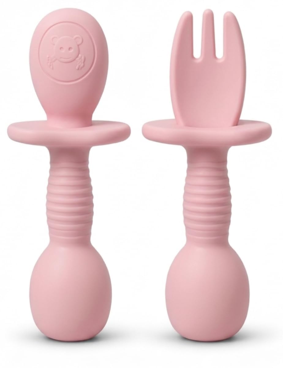 Coofandy Silicone Baby Spoons and Fork Feeding Set, Self-Feeding, Trainer Learning First Stage Eating, Soft Practice Fork and Spoon, Gum Friendly, BPA Free, Dishwasher Safe, Unbreakable, Pink-image-21