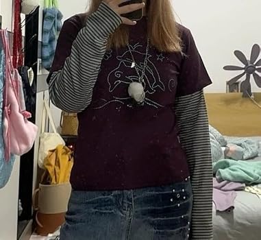 Buy Y2k Flower Long Sleeve Tshirt Teen Girl 2000s Fake Two Piece