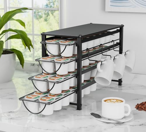Image of HFHOME Coffee Pod Organizer for Countertop, 4-Tier Metal Storage Drawer, Holds 56 Capsules, Coffee Station Holder for Kitchen, Office, or Home, 3 cup rack, Black