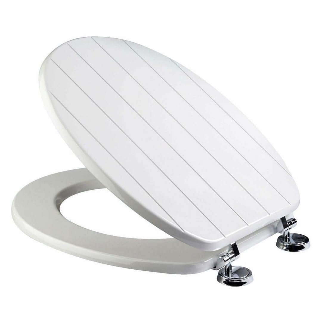 ADEPTNA Luxury Durable 18" Toilet Seat - Adjustable to Fit Most Toilets, Oval Seat Hinges and Parts Bathroom Wooden MDF Toilet Seat - Easy to Clean and Install (White Groove)