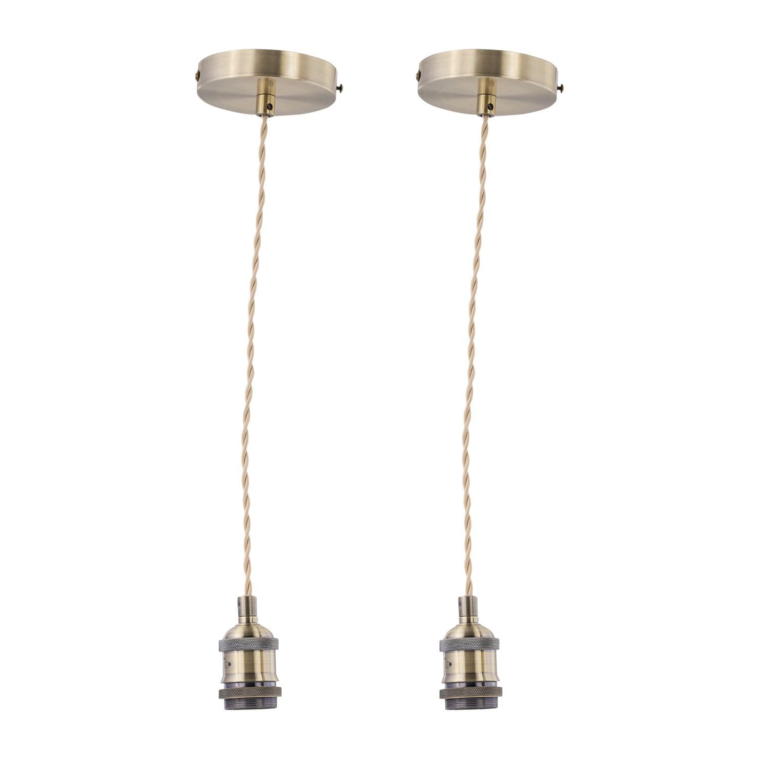 Firstchoicelighting Antique Brass Set Of Vintage Ceiling Pendant Lights, Finish Retro Design Suspension Kit, Includes Ceiling Rose Braided Cable And Lampholder, Height Adjustable Size 2