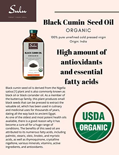 SULU ORGANICS 100% Pure Organic Extra Virgin Unrefined Black Cumin Oil (4 oz)