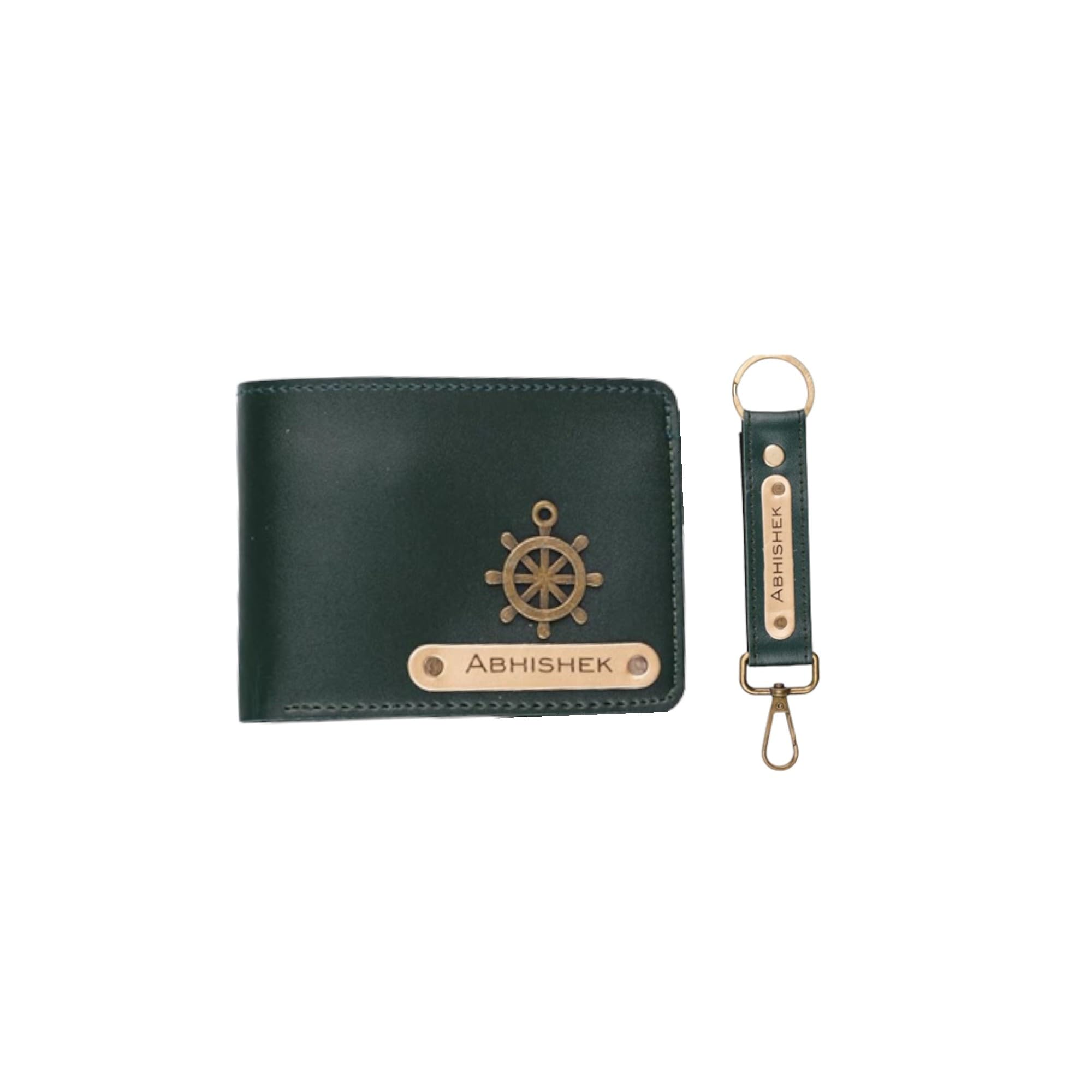 Mens Leather Wallet and Keychain Combo Name Leather Wallet Keychain for Mens Personalized Wallet Keychain Set with Names Keychains for Men | Customised Gift Set for Men with Name & Charm, Green-image-29