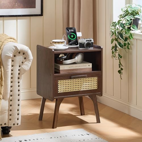 Lerliuo-Nightstand-Walnut-Rattan Accent Table