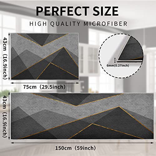Black Kitchen Rugs and Mats Sets of 2 Pieces Funny Kitchen Decoration Non Slip Super Absorbent Kitchen Mat Runner Rug for Sink,Hallway,Laundry Room (Black Marble - Image 4