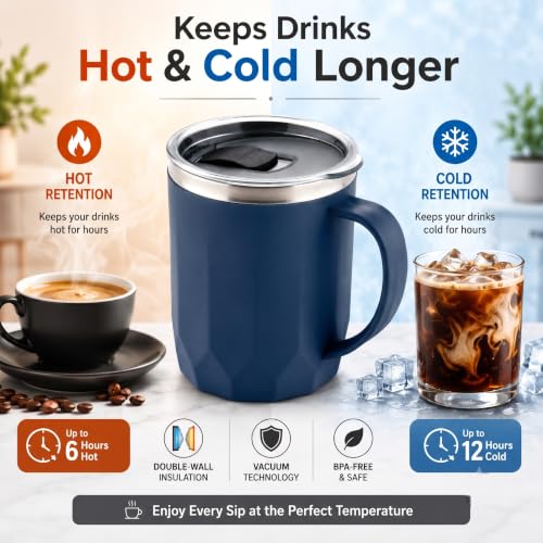 Image of MAGIC SPOON Stainless Steel Travel Coffee Mug with Sipper Lid & Handle, Insulated Tea Cup, BPA-Free Double Wall Tumbler for Hot-Cold Beverages, Office, Home, Car- Grey-Navy, (Combo Pack (400ml X 2))