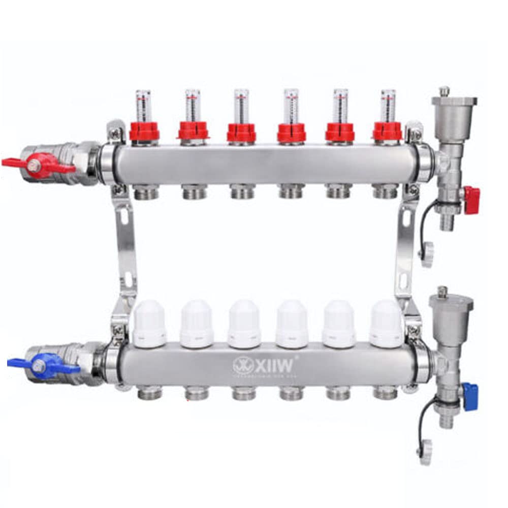 Distribuidor de 6 circuitos de calefacción, con válvulas de bola de 1" | Conexiones para Eurokonus 3/4 | 30 x 1,5 mm, con purgador manual y caudalímetro de acero inoxidable distribuidor HKV