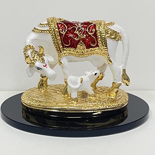 Image of Kamdhenu Cow & Calf Murti Idol-3 Inches, Polyresin Gold Plating using Electroplating | Handcrafted Showpiece Statue for Gifting, Office, Home Decor | Spiritual Vastu Figurine Sculpture