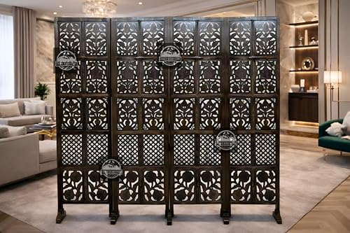 Image of Wooden Room Divider Screen, Carved,Decorative Handcrafted Privacy Screen Separator Wall Divider | Folding Partition with Floral & Jaali Design (Brown, 4-Panel)