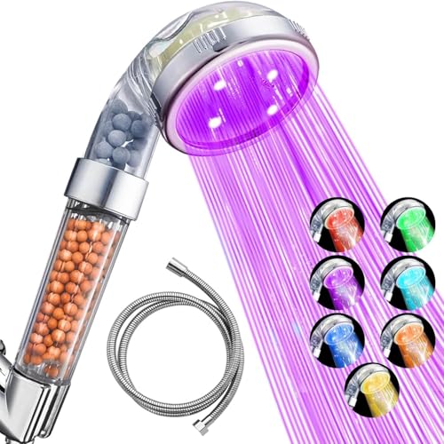 Nosame Led Shower Head with Hose, Filter Filtration High Pressure Water Saving 7 Colors Automatically No Batteries Needed Spray Handheld Showerheads 1.6 GPM for Dry Skin & Hair