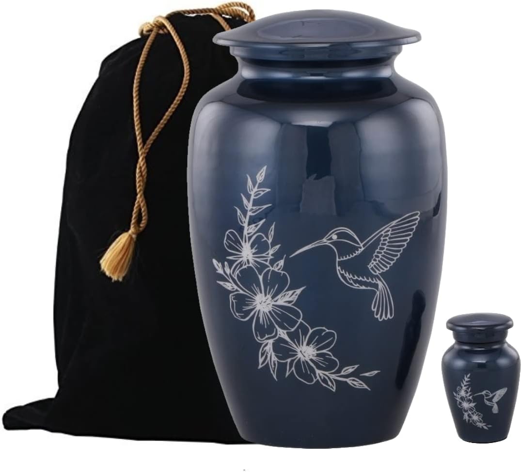 MEMORIALS 4U Artistic Hummingbird Cremation Urn - Handcrafted Urn for Human Ashes - Affordable Urn for Ashes with Velvet Bag (Blue)