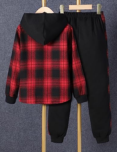 Image of Little Boys Two Pieces Outfit Kids Plaid Color Front Button Down Hoodie Sweatshirt and Jogger Sweatpants Sets