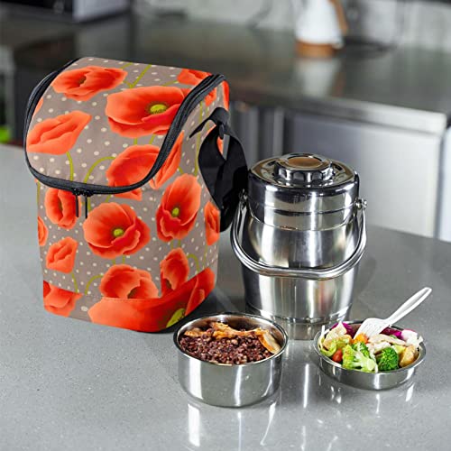 Lonchera con cremallera floral unisex bolsa porta alimentos con amapolas rojas 7