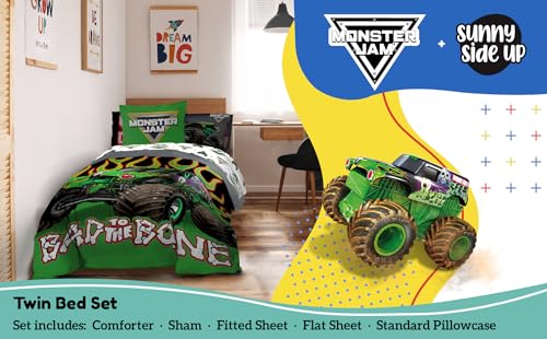Image of Sunny Side Up Monster Jam Twin Comforter Set - 5 Piece Kids Bedding Includes Comforter, Sheets & Pillow Cover - Super Soft Trucks Microfiber Bed Set