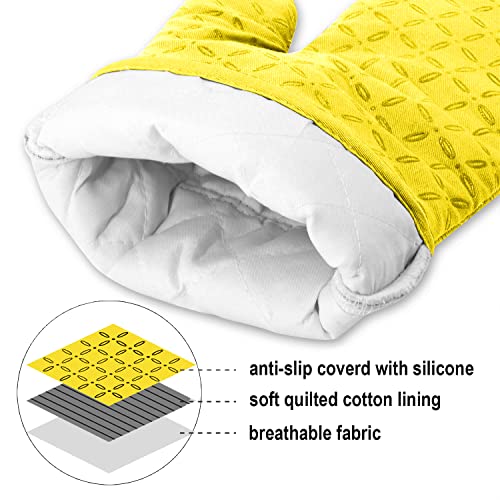 Image of KEGOUU Oven Mitts and Pot Holders 6pcs Set, Kitchen Oven Glove High Heat Resistant 500 Degree Extra Long Oven Mitts and Potholder with Non-Slip Silicone Surface for Cooking (Yellow)