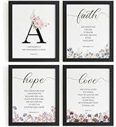 DSHFG Christian Scripture Wall Art Decor, Flower Wall Art Initial Wall Decor Prints Set of 4, Chr...