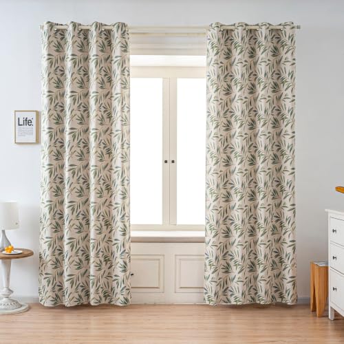 Image of Green Botanical Leaf Blackout Curtains 72 Inch Length