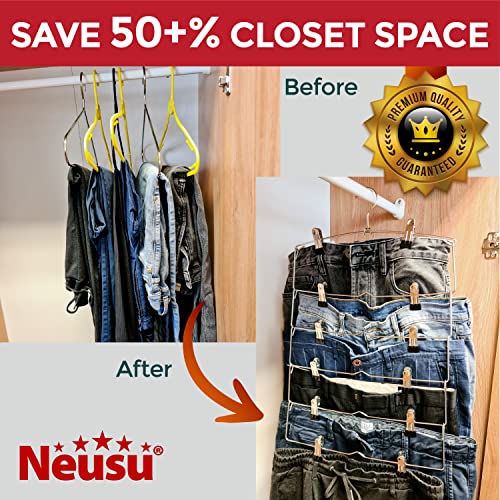 Neusu Space Saving 6 Tier Metal Skirt Hanger With Clips (3Pk) - Premium Quality Trouser Hangers With Clips - Rubber Coated Hanger Clips - Adjustable Clips Pants Hanger - Hang Slacks, Trousers, Jeans #TOP3