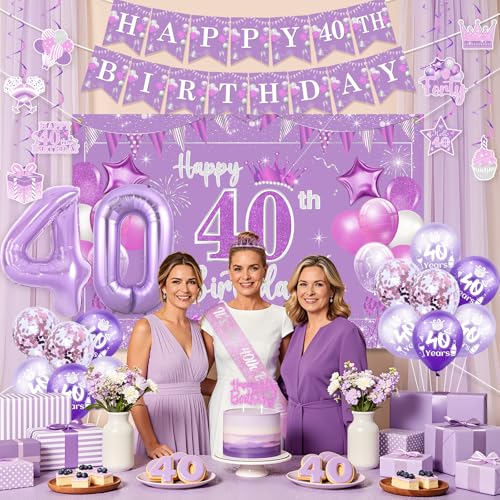 Decoración morada de cumpleaños 40 juego de pancarta globos y remolinos 4