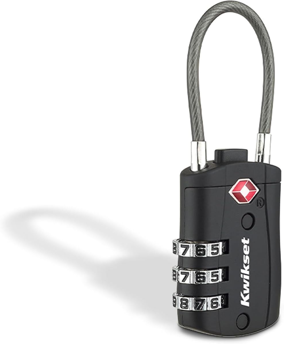 Kwikset TSA Approved Combination Luggage Lock with Cable, 1-Pack, Black | Cable Shackle Bends Through Zipper Pulls, Duffel Handles and Backpack Loops; 1-3/16 in Body, Resettable Code