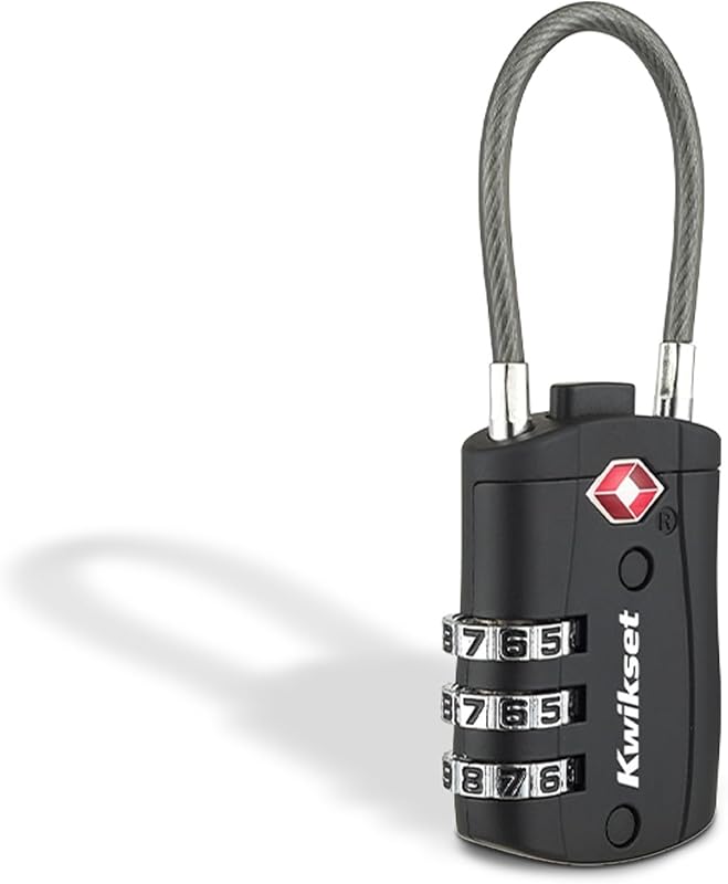 Kwikset TSA Approved Combination Luggage Lock with Cable, 1-Pack, Black | Cable Shackle Bends Through Zipper Pulls, Duffel Handles and Backpack Loops; 1-3/16 in Body, Resettable Code