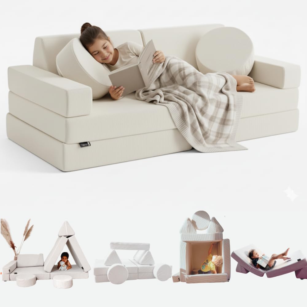 Canapé Enfant Convertible - Chauffeuse 2 Places Transformable en Lit d'Appoint, Aire de Jeu, Fauteuil, Matelas de Sol - Idéal Cadeau Enfants - Possibilités de Jeux Infinies (Blanc Crème, 2 Places)