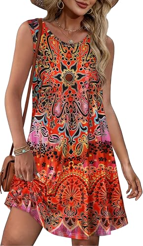 Image of Summer Dresses for Women Beach Boho Sleeveless Vintage Floral Flowy Pocket Tshirt Tank Sundresses 2026