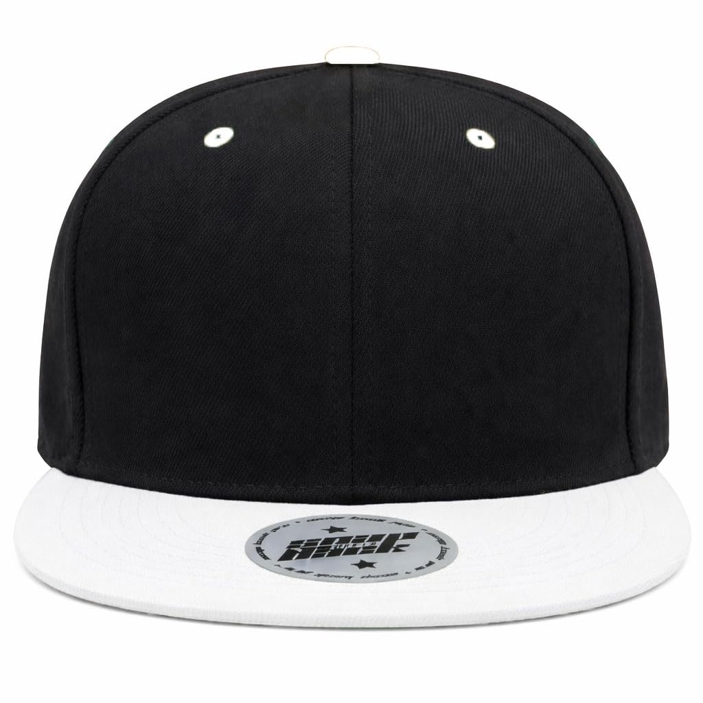 Mfaz Morefaz Ltd Unisex Black-White Flat Brim Snapback Cap – Adjustable Baseball Hat, Classic Streetwear Hip Hop Style (Black-White)