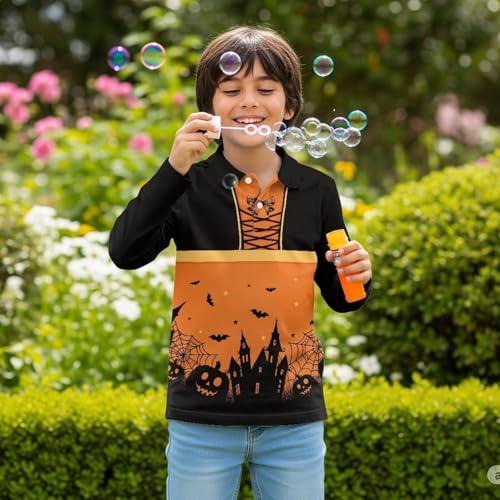 Boys Halloween Golf Shirts 3-16 Years Kids Fall Button Long Sleeve Sport Outfit Novelty Holiday Party Clothes3