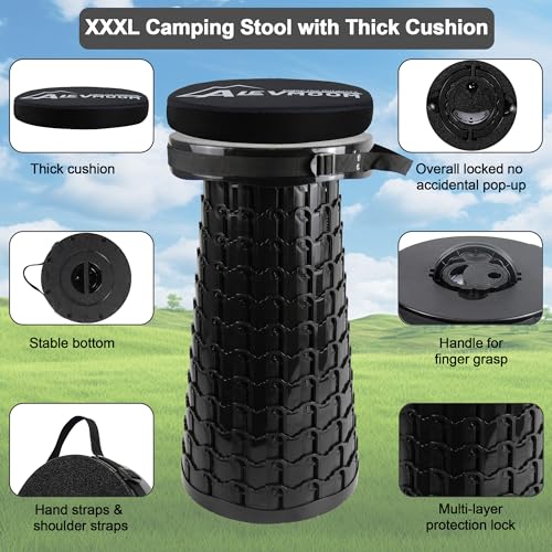 ALEVMOOM 2026 Verbesserter XXL-Klapphocker mit Kissen und Tasche, höherer 59 cm Tragbarer Teleskophocker, maximale Belastbarkeit 450 kg, einziehbarer Klapphocker für Camping und Reisen