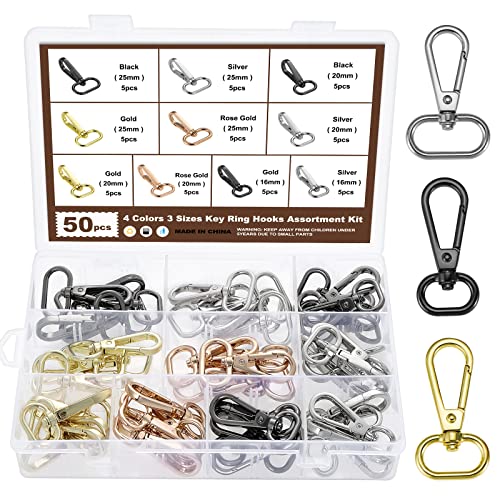 Kinsinder 50 ganchos de clip para llavero, cierre de pinza de langosta, ganchos giratorios de aleación de zinc para llaves, cordones de joyería, 16 mm, 20 mm, 25 mm (4 colores) Cover
