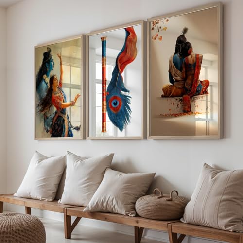 Image of NoWorries Traditional Wall Art Frames Set of 3 | Indian Art Wall Decoe Frames | Radhe Krishna and Feather Painting, High Quality HD Printed Framed Posters for Living Room, Bedroom, Office and Home Decoration (Frames Size-13x19Inch)