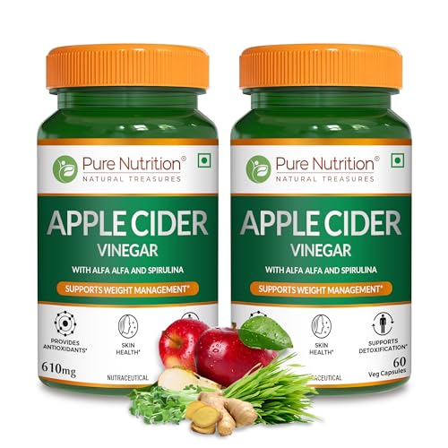 Image of Pure Nutrition Apple Cider Vinegar with Wheat Grass & Spirulina for Enhanced Wellness | Rich in Antioxidants | Supports Weight Management, Detoxification & Immunity - 60 Veg Capsules (Pack of 2)