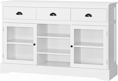 Miniatura 7 de FOTOSOK Moderno gabinete de bufé, armario de bar con 2 puertas de cristal, 3 cajones y estantes ajustables, armario de cocina, mesa de café,